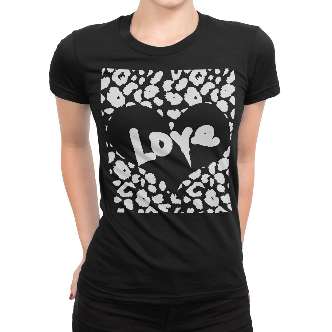 tシャツ レディース 半袖 ブラック 黒 デザイン M L Tシャツ ティーシャツ T shirt 011662 ヒョウ柄 LOVE ハート