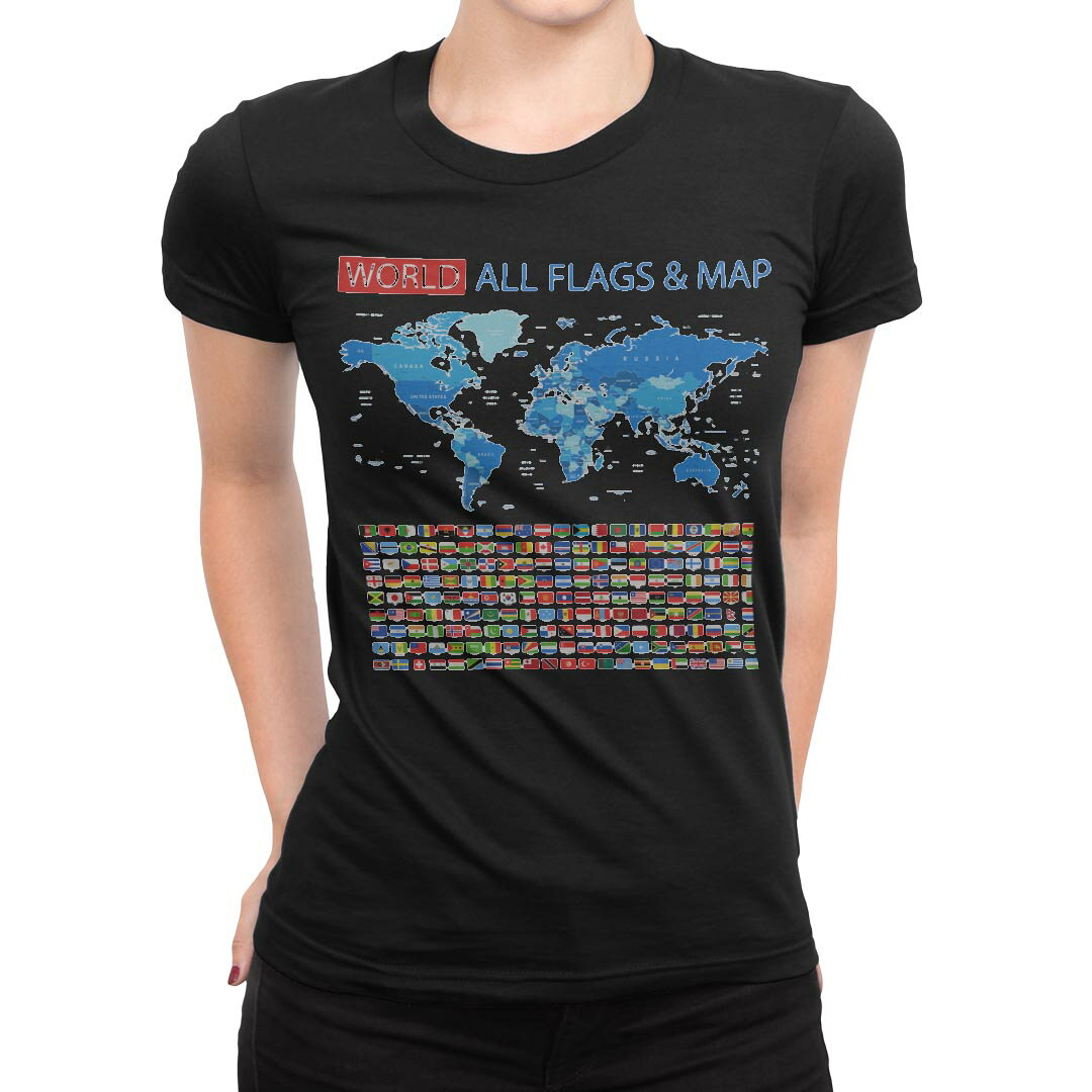 tシャツ レディース 半袖 ブラック 黒 デザイン M L Tシャツ ティーシャツ T shirt 012898 国旗　地図　世界 kabekore-11275307 kabeコレ パッケージ画像