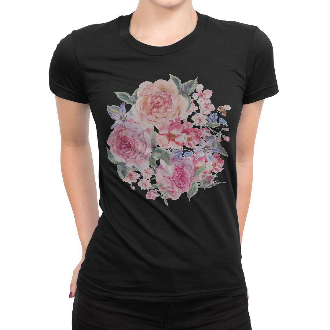 tシャツ レディース 半袖 ブラック 黒 デザイン M L Tシャツ ティーシャツ T shirt 013495 花　花柄　水彩