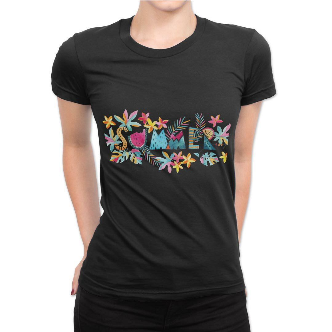 tシャツ レディース 半袖 ブラック 黒 デザイン M L Tシャツ ティーシャツ T shirt 014053 スイカ　　トロピカル