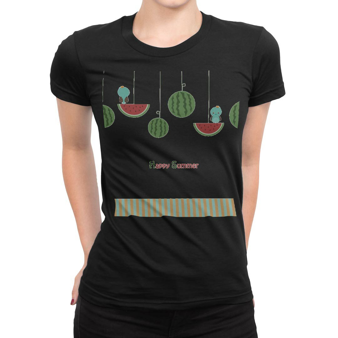 tシャツ レディース 半袖 ブラック 黒 デザイン M L Tシャツ ティーシャツ T shirt 014100 夏　スイカ　鳥