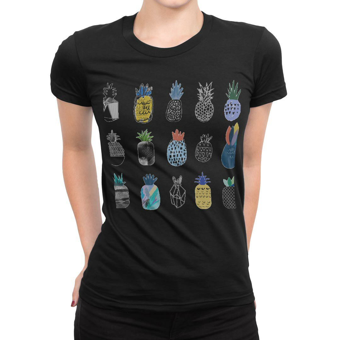 tシャツ レディース 半袖 ブラック 黒 デザイン M L Tシャツ ティーシャツ T shirt 014297 パイナップル　夏　トロピカル