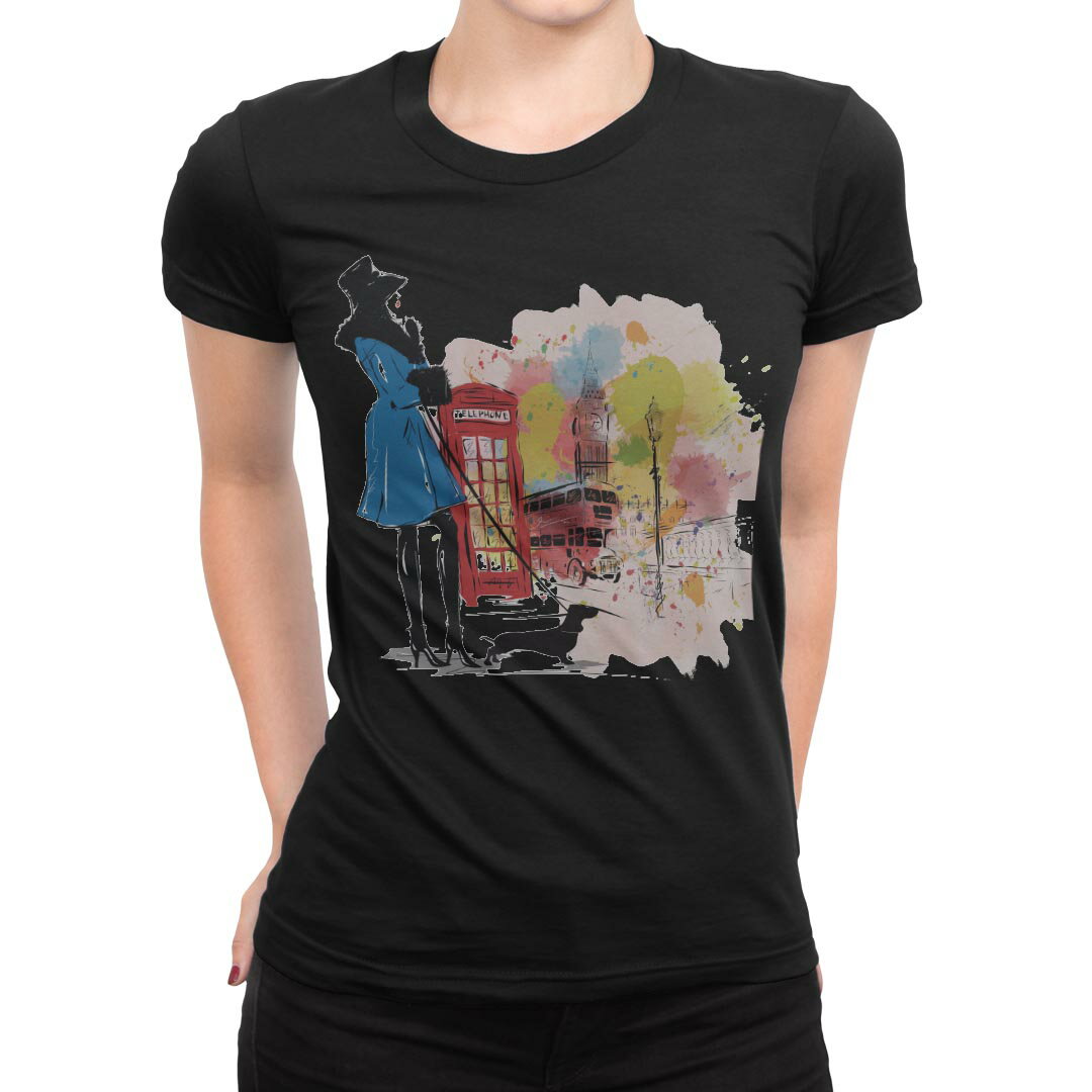 tシャツ レディース 半袖 ブラック 黒 デザイン M L Tシャツ ティーシャツ T shirt 014903 イラスト　ロンドン　街