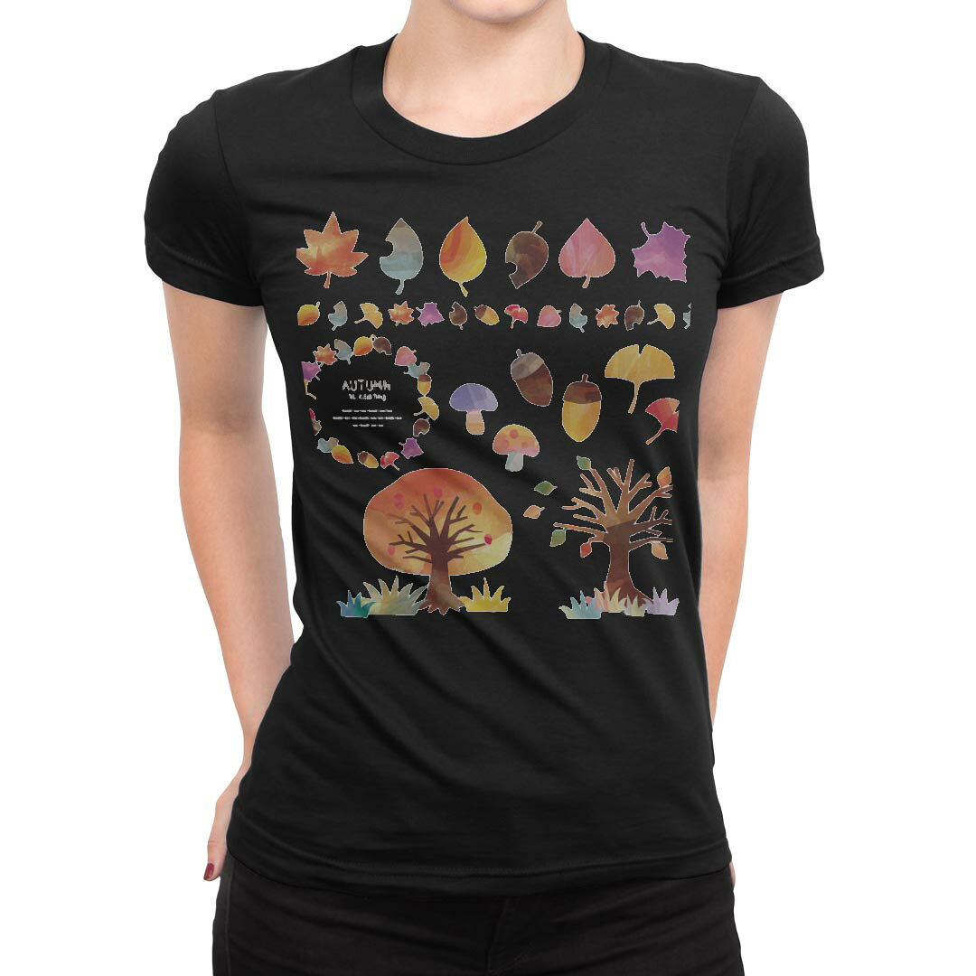 tシャツ レディース 半袖 ブラック 黒 デザイン M L Tシャツ ティーシャツ T shirt 014959 秋　季節　どんぐり kabekore-11284002 kabeコレ パッケージ画像