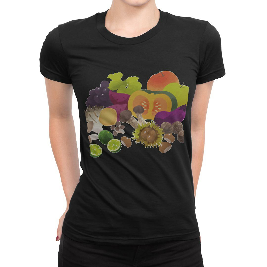tシャツ レディース 半袖 ブラック 黒 デザイン M L Tシャツ ティーシャツ T shirt 014995 秋　味覚　果物