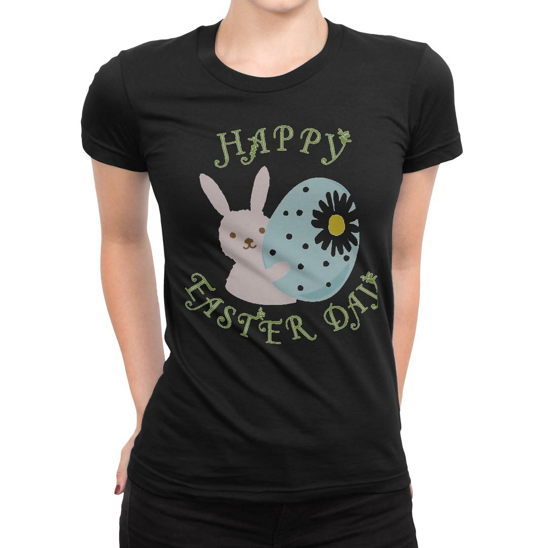 tシャツ レディース 半袖 ブラック 黒 デザイン M L Tシャツ ティーシャツ T shirt 015298 イースター　たまご　うさぎ
