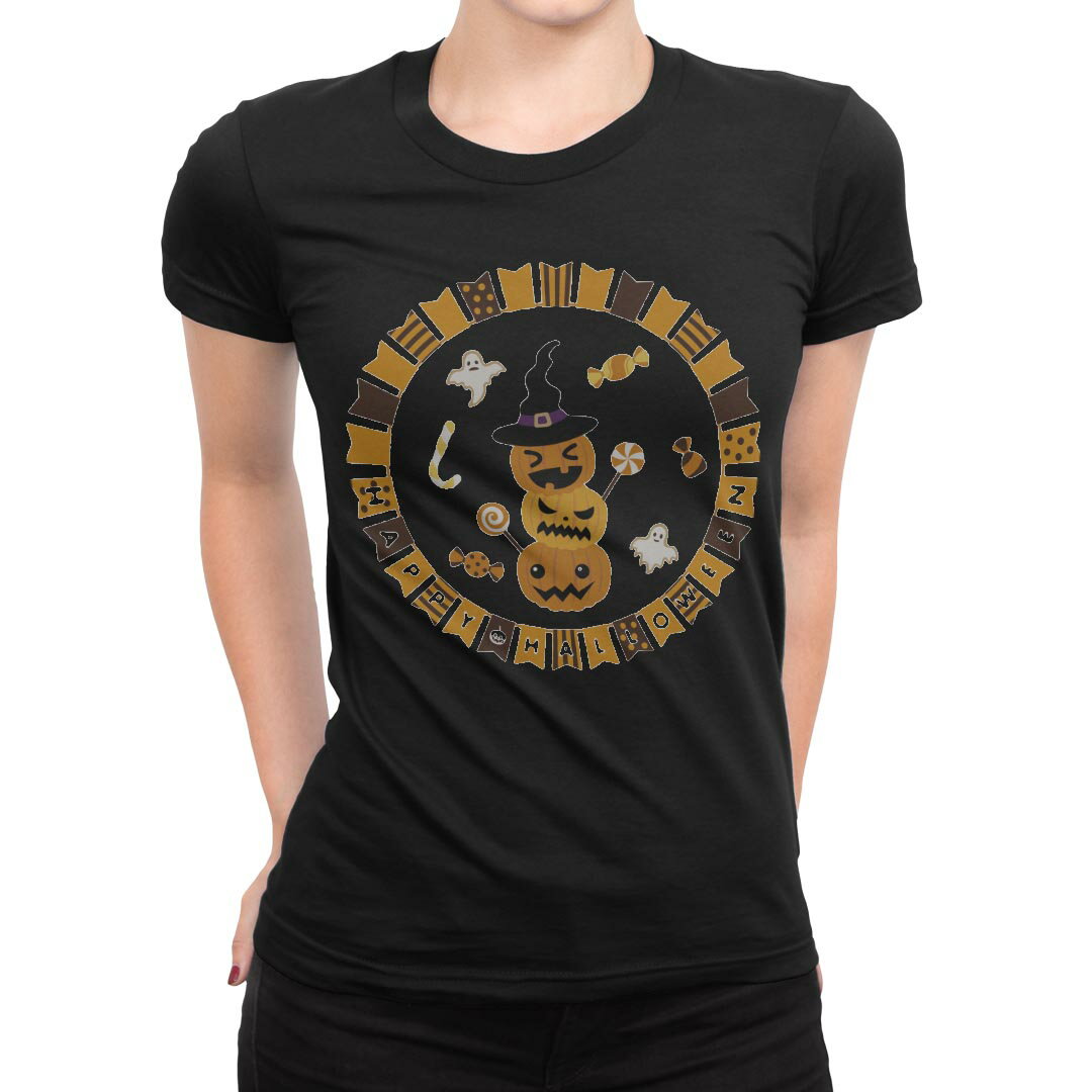 楽天kabeコレtシャツ レディース 半袖 ブラック 黒 デザイン M L Tシャツ ティーシャツ T shirt 015412 ハロウィン　カボチャ　お菓子　英字