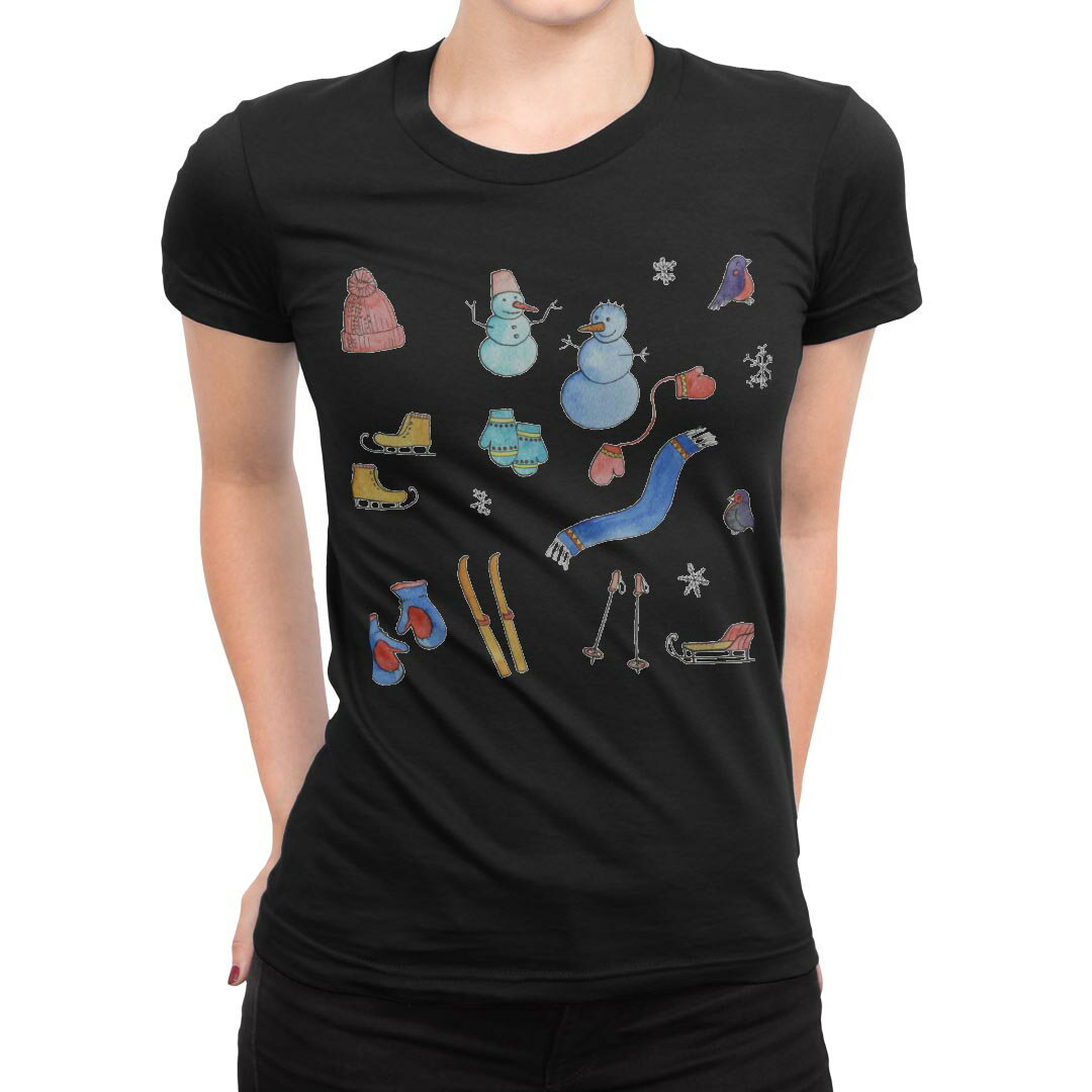 tシャツ レディース 半袖 ブラック 黒 デザイン M L Tシャツ ティーシャツ T shirt 015551 雪　雪だる..