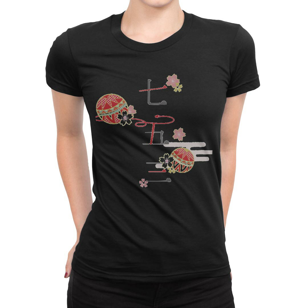 tシャツ レディース 半袖 ブラック 黒 デザイン M L Tシャツ ティーシャツ T shirt 015809 七五三 手毬 桜