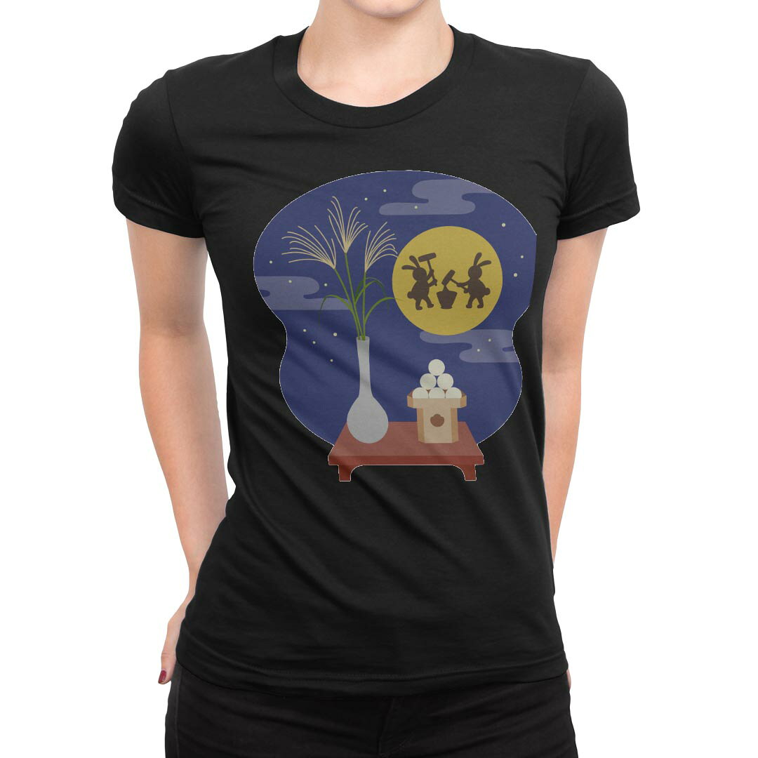 tシャツ レディース 半袖 ブラック 黒 デザイン M L Tシャツ ティーシャツ T shirt 015834 月見　十五夜　うさぎ kabekore-11275614 kabeコレ パッケージ画像