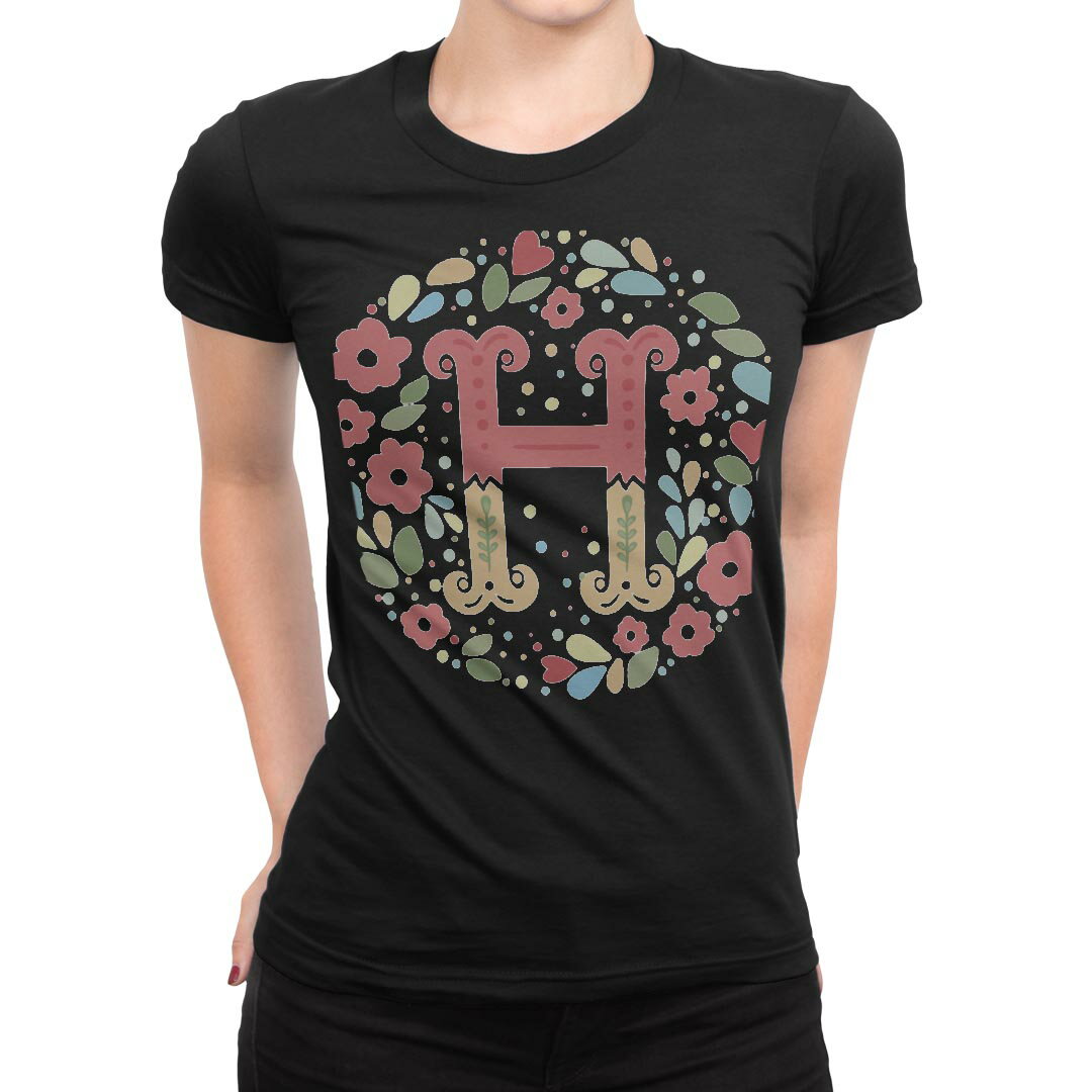 tシャツ レディース 半袖 ブラック 黒 デザイン M L Tシャツ ティーシャツ T shirt 019277 文字 h アルファベット