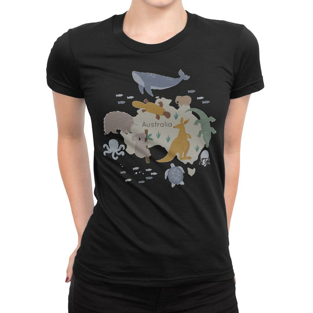 tシャツ レディース 半袖 ブラック 黒 デザイン M L Tシャツ ティーシャツ T shirt 019965 Australia map 動物 地図
