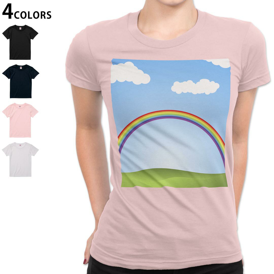 T-Shirts - レディース Tシャツ 半袖 綿100％ カットソー プリント オリジナル デザイン 選べる4カラー M L 001396 空 虹 青空