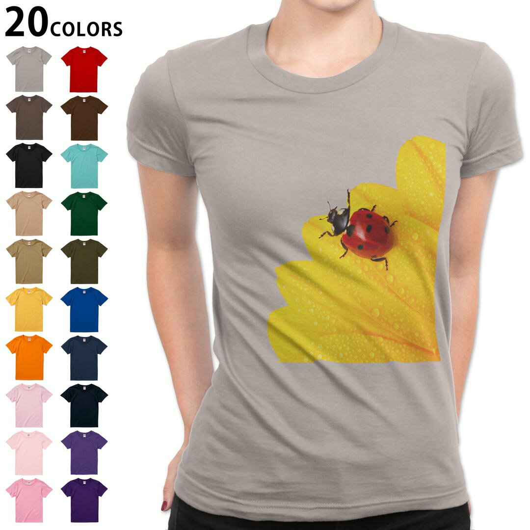 選べる20カラー tシャツ レディース 半袖 デザイン M L Tシャツ ティーシャツ T shirt 001580 花　テントウムシ　花びら