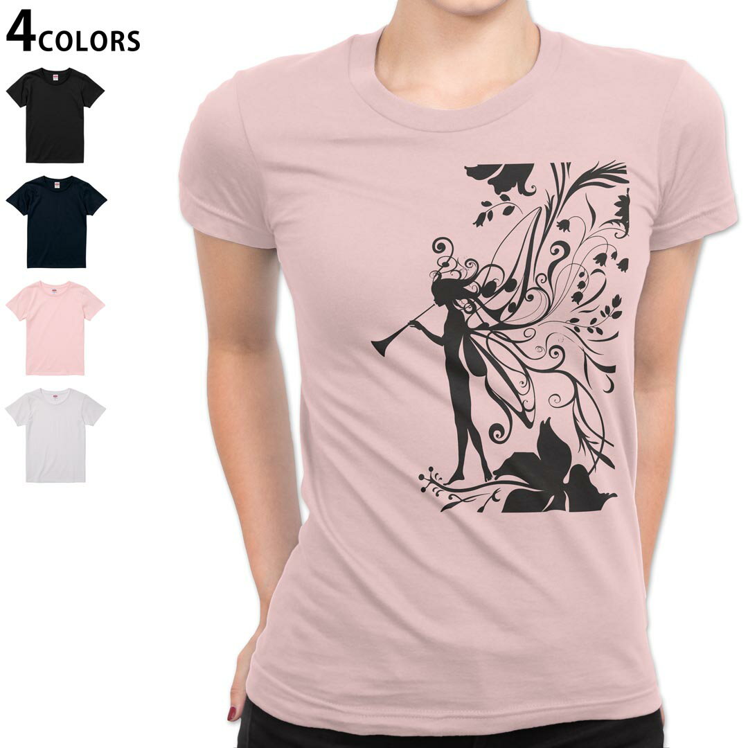 乐天商城 - レディース Tシャツ 半袖 綿100％ カットソー プリント オリジナル デザイン 選べる4カラー M L 005575 妖精 花