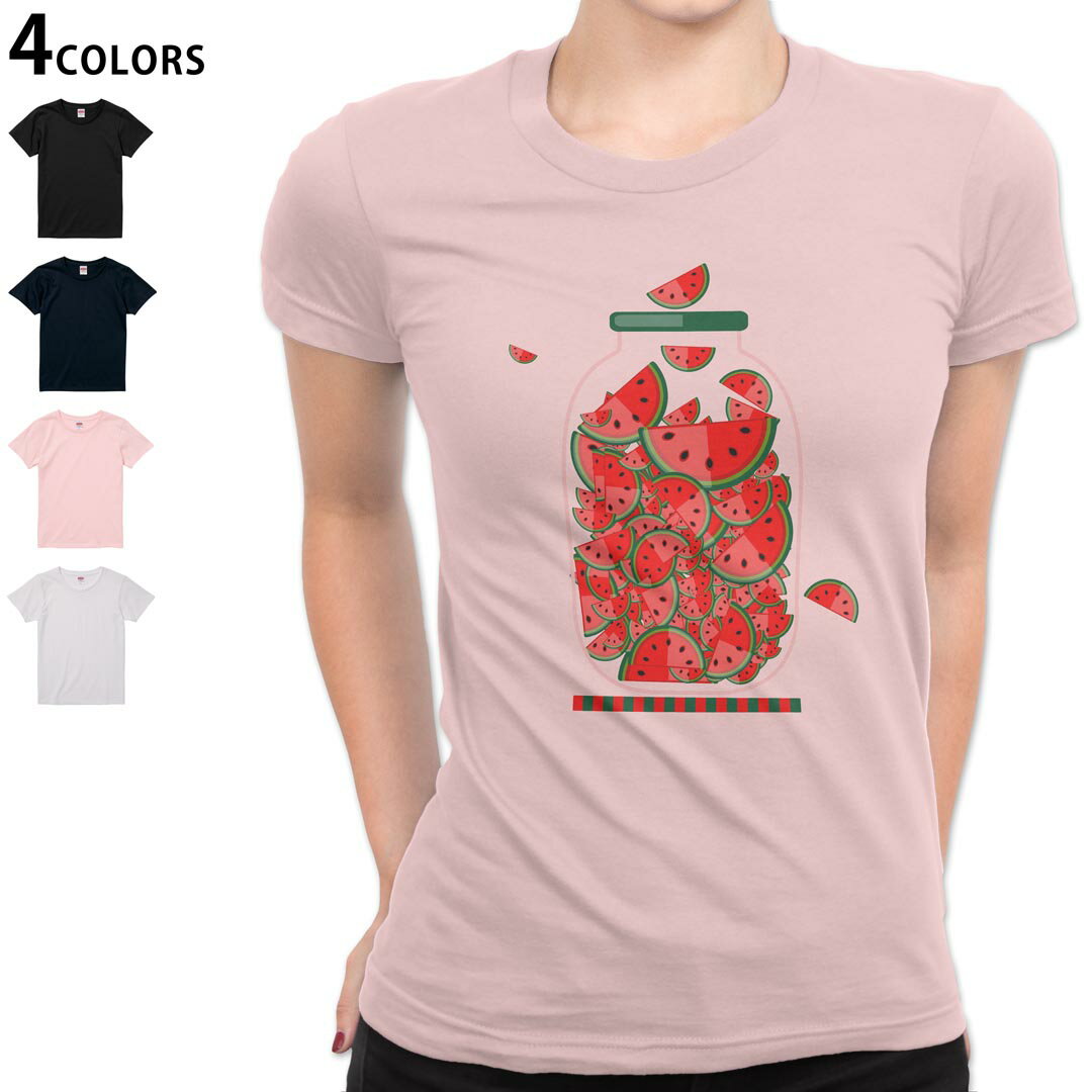 レディース Tシャツ 半袖 綿100％ カットソー プリント オリジナル デザイン 選べる4カラー M L 009177 果物 赤 スイカ