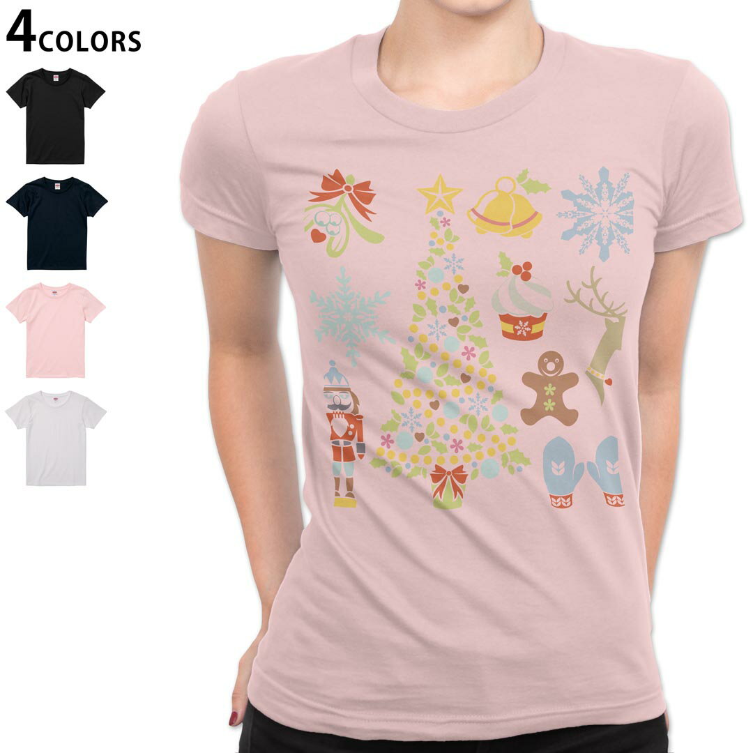 レディース Tシャツ 半袖 綿100％ カットソー プリント オリジナル デザイン 選べる4カラー M L 009956 クリスマス ツリー 雪