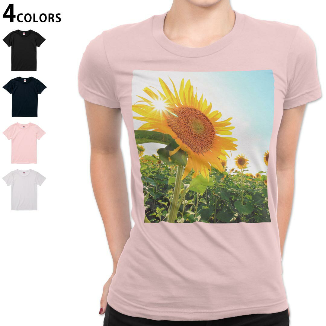 其它 - レディース Tシャツ 半袖 綿100％ カットソー プリント オリジナル デザイン 選べる4カラー M L 011440 花 ひまわり 写真