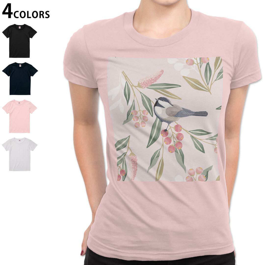 レディース Tシャツ 半袖 綿100％ カットソー プリント オリジナル デザイン 選べる4カラー M L 013916 花 鳥