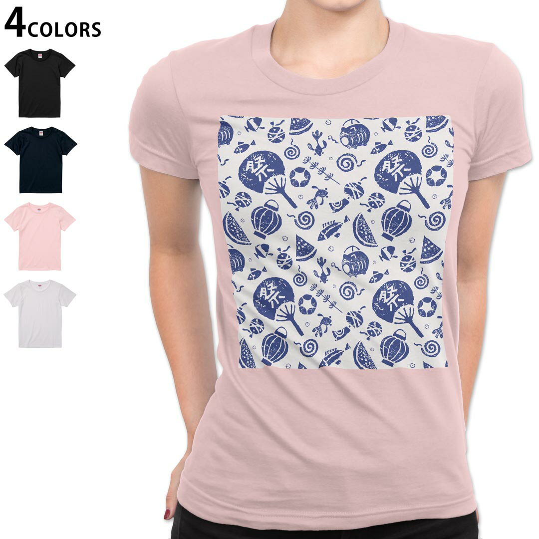 レディース Tシャツ 半袖 綿100％ カットソー プリント オリジナル デザイン 選べる4カラー M L 014091 祭り 夏 スイカ
