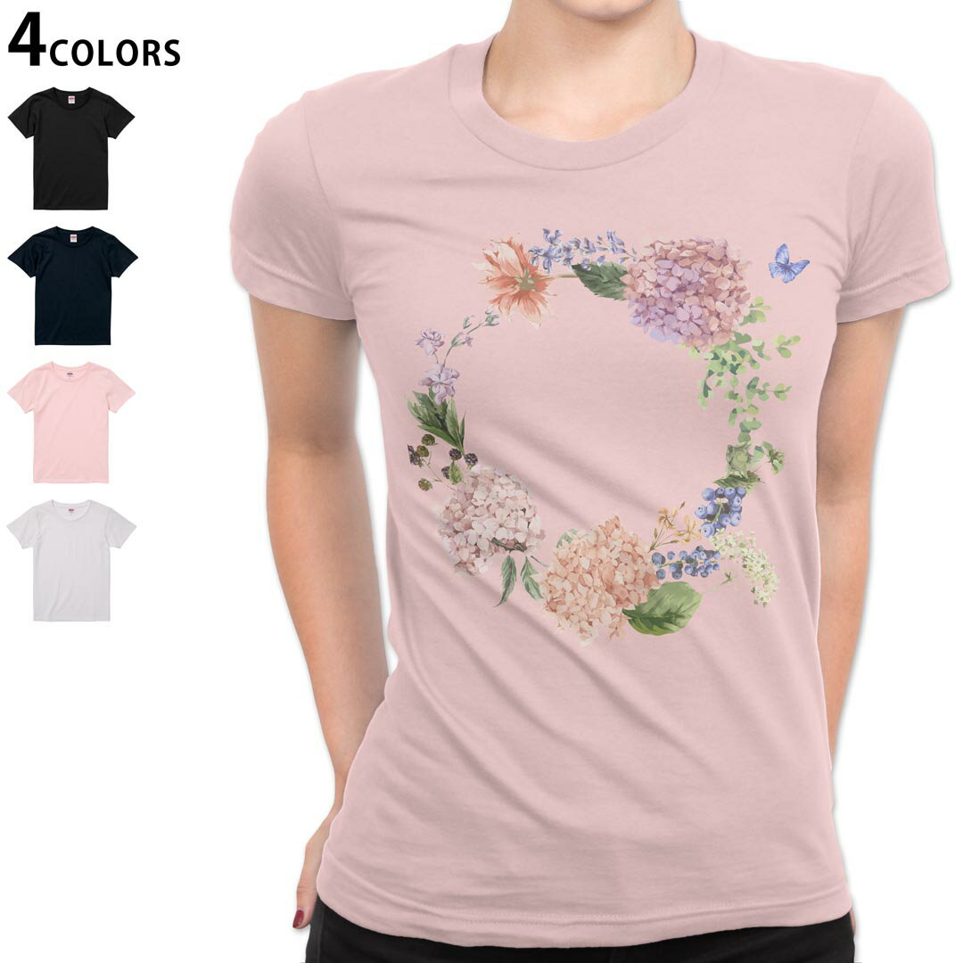 Three-Quarter - レディース Tシャツ 半袖 綿100％ カットソー プリント オリジナル デザイン 選べる4カラー M L 016329 あじさい 梅雨 花