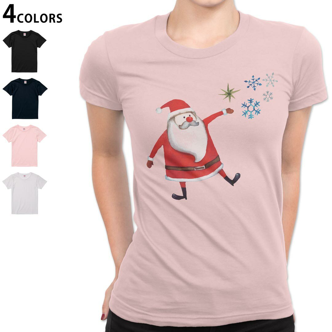 レディース Tシャツ 半袖 綿100％ カットソー プリント オリジナル デザイン 選べる4カラー M L 017778 サンタ 雪の結晶 クリスマス