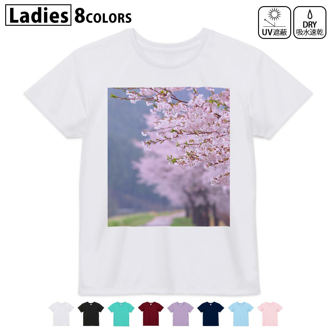ドライTシャツ 吸水 速乾 DRY 選べる8カラー tシャツ レディース スポーツ ゆったり UV対策 デザイン M L Tシャツ ティーシャツ T shirt005163 花 桜並木 写真