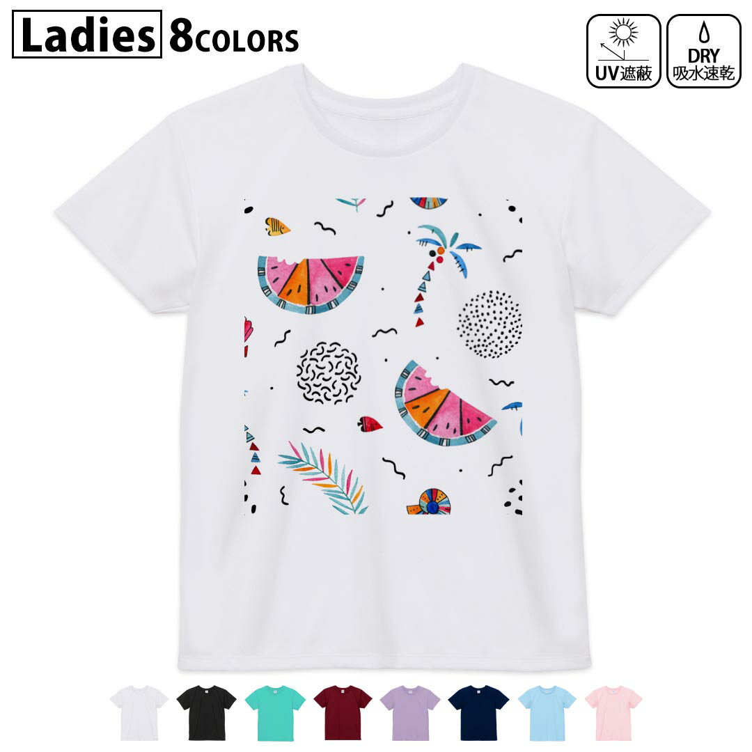 ドライTシャツ 吸水 速乾 DRY 選べる8カラー tシャツ レディース スポーツ ゆったり UV対策 デザイン M L Tシャツ ティーシャツ T shirt014344 ヤシの木 スイカ トロピカル