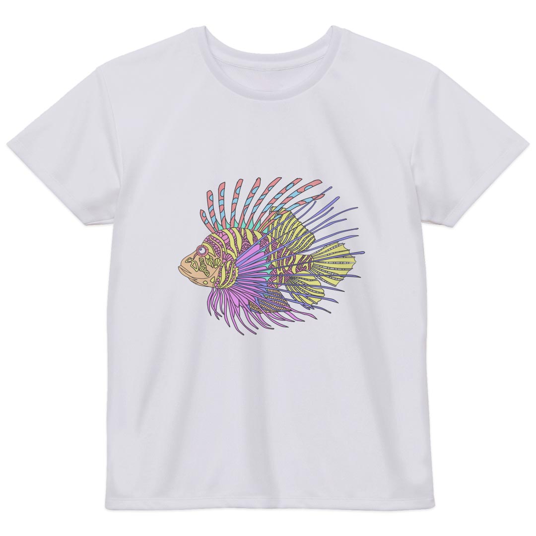 レディース ドライTシャツ ホワイト 半袖 4.1オンス ジム トレーニング スポーツ 運動会 ドライアスレチック UVカット 紫外線遮蔽 吸水速乾 デザイン Tshirt M L 026215 魚　カラフル　カサゴ