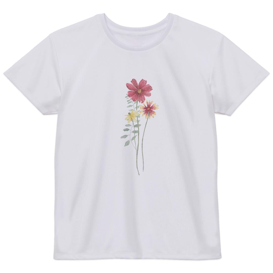 レディース ドライTシャツ ホワイト 半袖 4.1オンス ジム トレーニング スポーツ 運動会 ドライアスレチック UVカット 紫外線遮蔽 吸水速乾 デザイン Tshirt M L 031829 花 カラフル フラワー