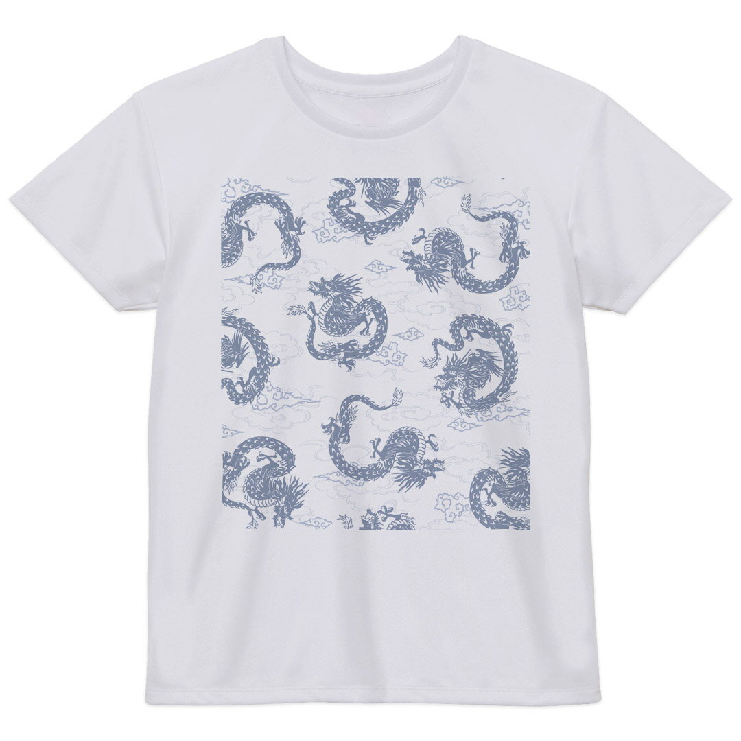 レディース ドライTシャツ ホワイト 半袖 4.1オンス ジム トレーニング スポーツ 運動会 ドライアスレチック UVカット 紫外線遮蔽 吸水速乾 デザイン Tshirt M L アニマル 和風　和柄　龍　青　ブルー 007974