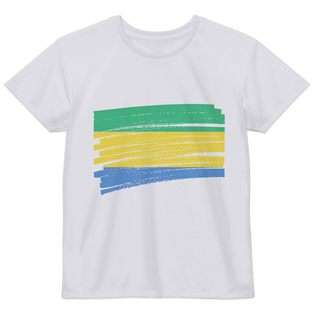 レディース ドライTシャツ ホワイト 半袖 4.1オンス ジム トレーニング スポーツ 運動会 ドライアスレチック UVカット 紫外線遮蔽 吸水速乾 デザイン Tshirt M L 国旗 gabon ガボン 018451