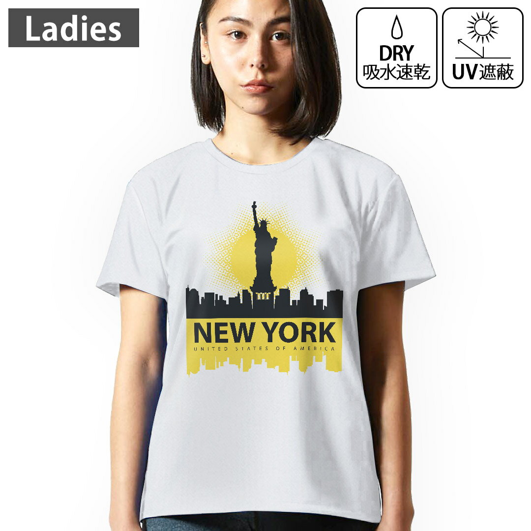 レディース ドライTシャツ ホワイト 半袖 4.1オンス ジム トレーニング スポーツ 運動会 ドライアスレチック UVカット 紫外線遮蔽 吸水速乾 デザイン Tshirt M L アメリカ ニューヨーク 外国 011620