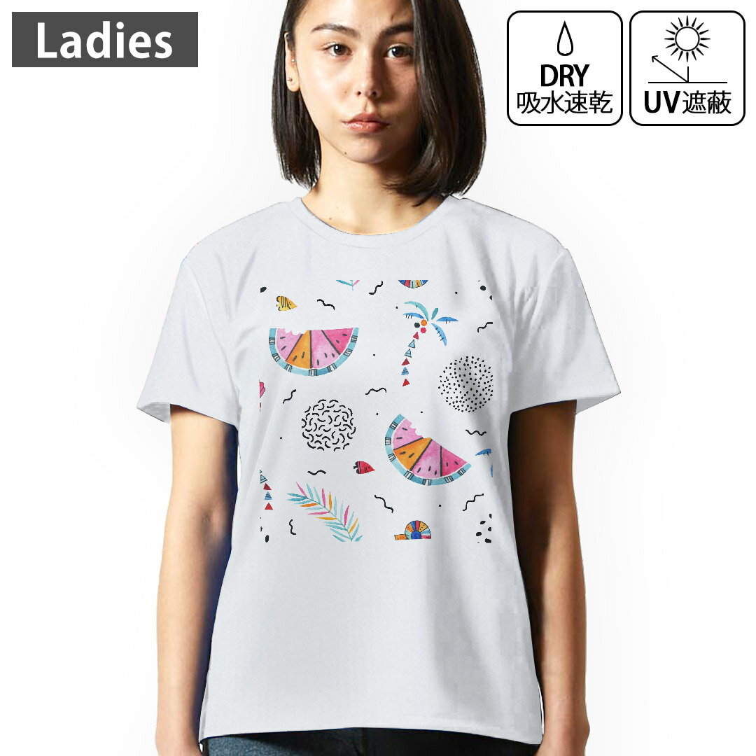 レディース ドライTシャツ ホワイト 半袖 4.1オンス ジム トレーニング スポーツ 運動会 ドライアスレチック UVカット 紫外線遮蔽 吸水速乾 デザイン Tshirt M L ヤシの木 スイカ トロピカル 014344