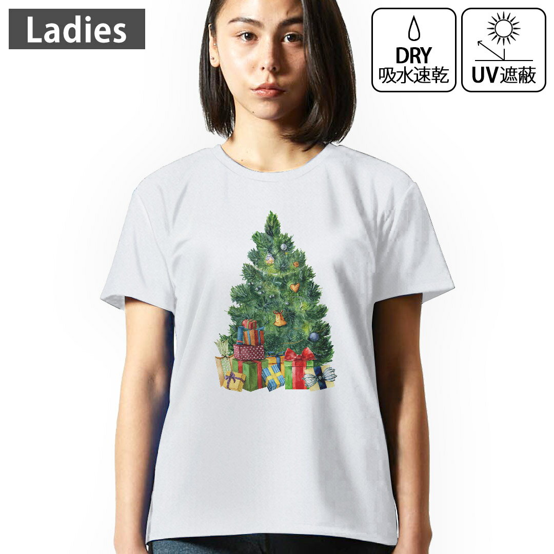 レディース ドライTシャツ ホワイト 半袖 4.1オンス ジム トレーニング スポーツ 運動会 ドライアスレチック UVカット 紫外線遮蔽 吸水速乾 デザイン Tshirt M L クリスマスツリー　プレゼント　冬 015843