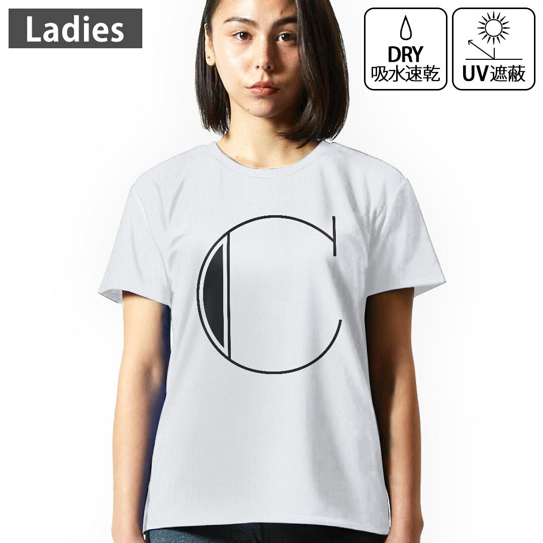 レディース ドライTシャツ ホワイト 半袖 4.1オンス ジム トレーニング スポーツ 運動会 ドライアスレチック UVカット 紫外線遮蔽 吸水速乾 デザイン Tshirt M L フォント 文字 c アルファベット 019344