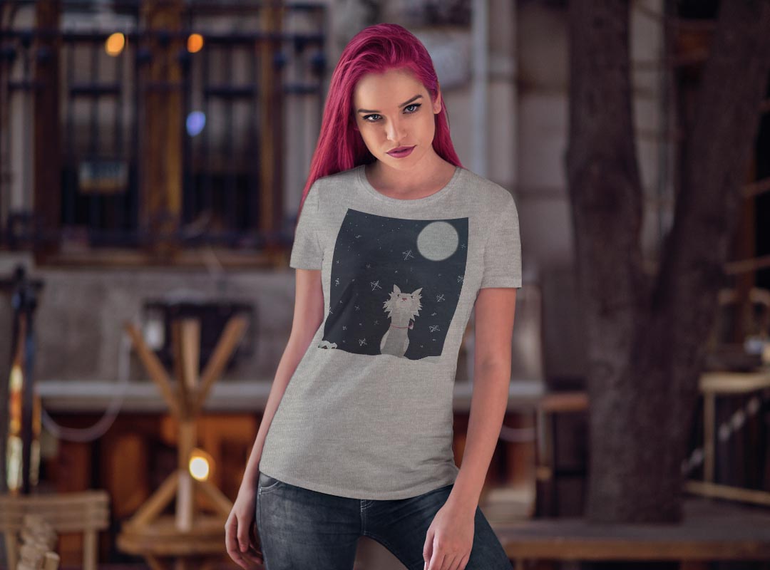tシャツ レディース 半袖 白地 デザイン M L 白 ホワイト グレー Tシャツ ティーシャツ T shirt 001138 アニマル 満月　オオカミ