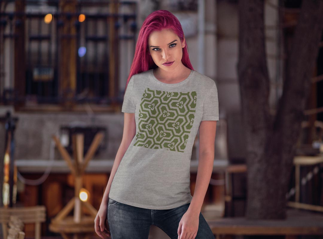 tシャツ レディース 半袖 白地 デザイン M L 白 ホワイト グレー Tシャツ ティーシャツ T shirt 003764 チェック・ボーダー 和風　和柄　緑