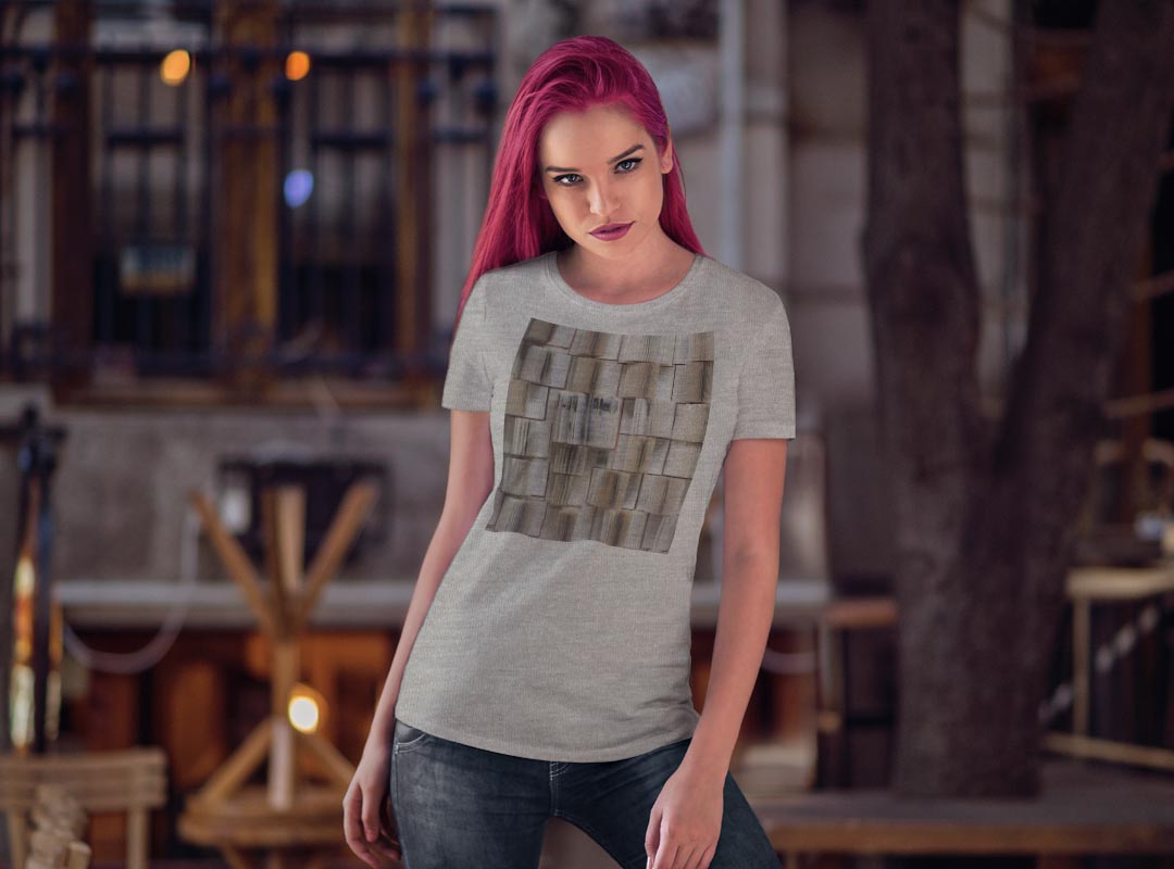 tシャツ レディース 半袖 白地 デザイン S M L XL Tシャツ ティーシャツ T shirt 023008 本棚　写真