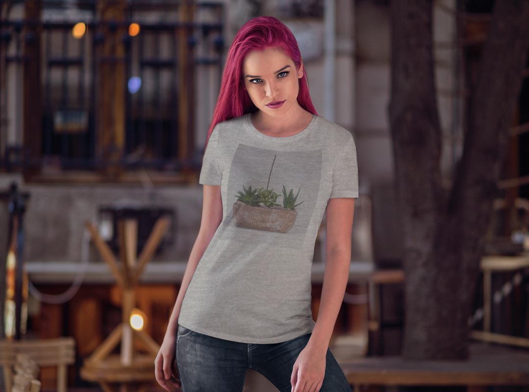 tシャツ レディース 半袖 白地 デザイン S M L XL Tシャツ ティーシャツ T shirt 023734 植物　植木鉢　写真