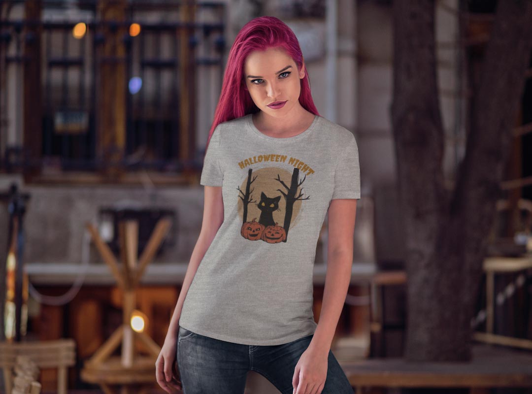tシャツ レディース 半袖 白地 デザイン S M L XL Tシャツ ティーシャツ T shirt 032673 かぼちゃ 猫