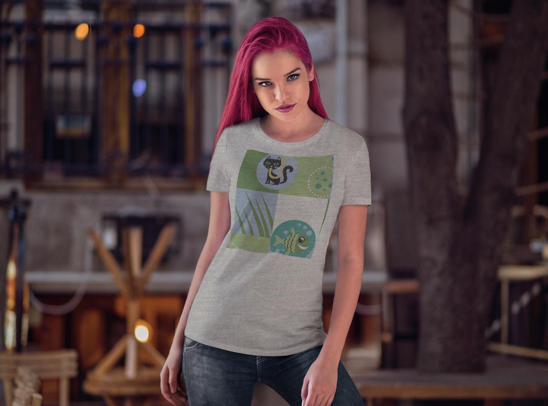 tシャツ レディース 半袖 白地 デザイン M L 白 ホワイト グレー Tシャツ ティーシャツ T shirt 004007 ラブリー 猫　海　キャラクター　緑