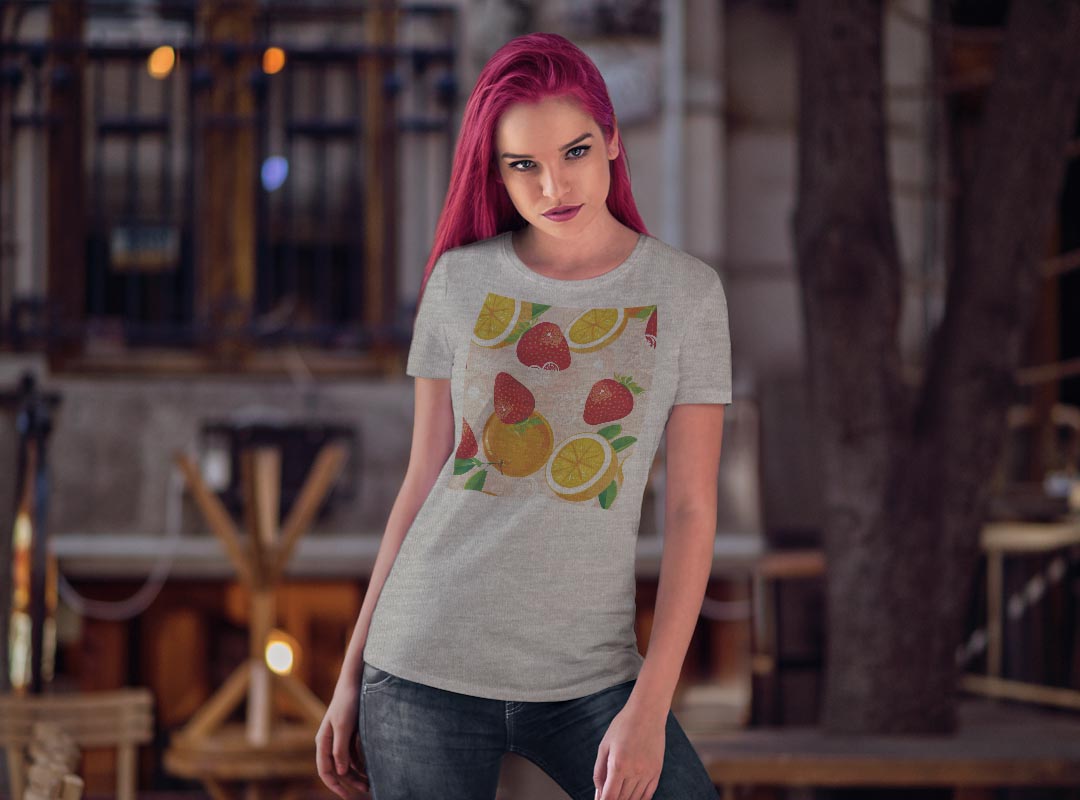 tシャツ レディース 半袖 白地 デザイン M L 白 ホワイト グレー Tシャツ ティーシャツ T shirt 004075 ラブリー 果物　イラスト　カラフル