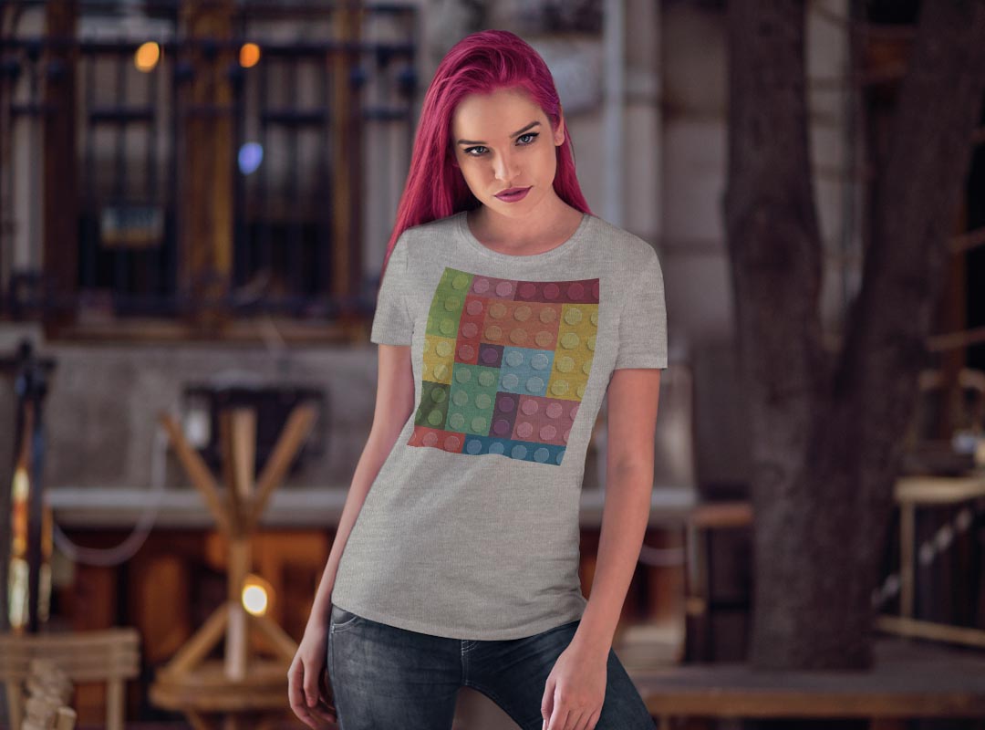 tシャツ レディース 半袖 白地 デザイン M L 白 ホワイト グレー Tシャツ ティーシャツ T shirt 005799 レゴ　ブロック　カラフル