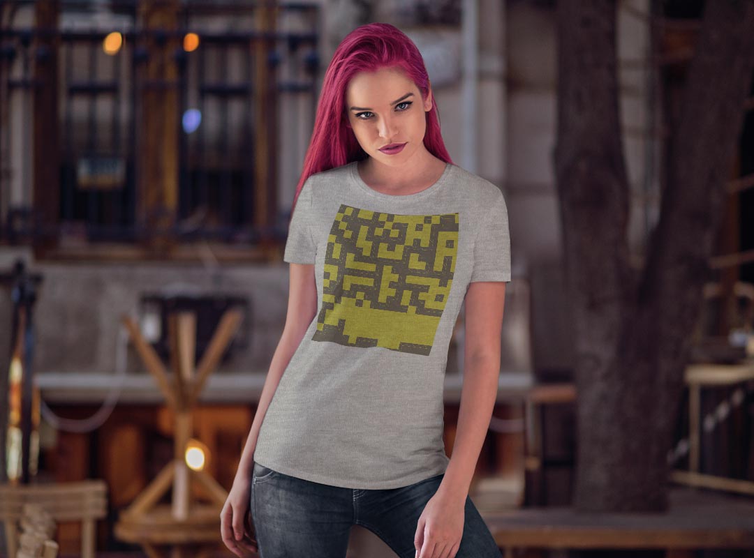 tシャツ レディース 半袖 白地 デザイン M L 白 ホワイト グレー Tシャツ ティーシャツ T shirt 007570 ユニーク 黄色　イエロー　模様　迷路