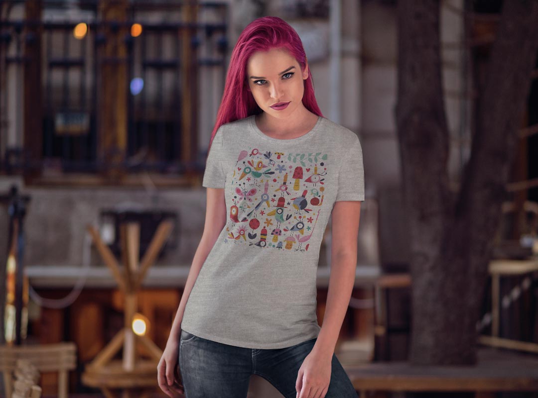 tシャツ レディース 半袖 白地 デザイン M L 白 ホワイト グレー Tシャツ ティーシャツ T shirt 008078 ユニーク アニマル イラスト　鳥　カラフル　花