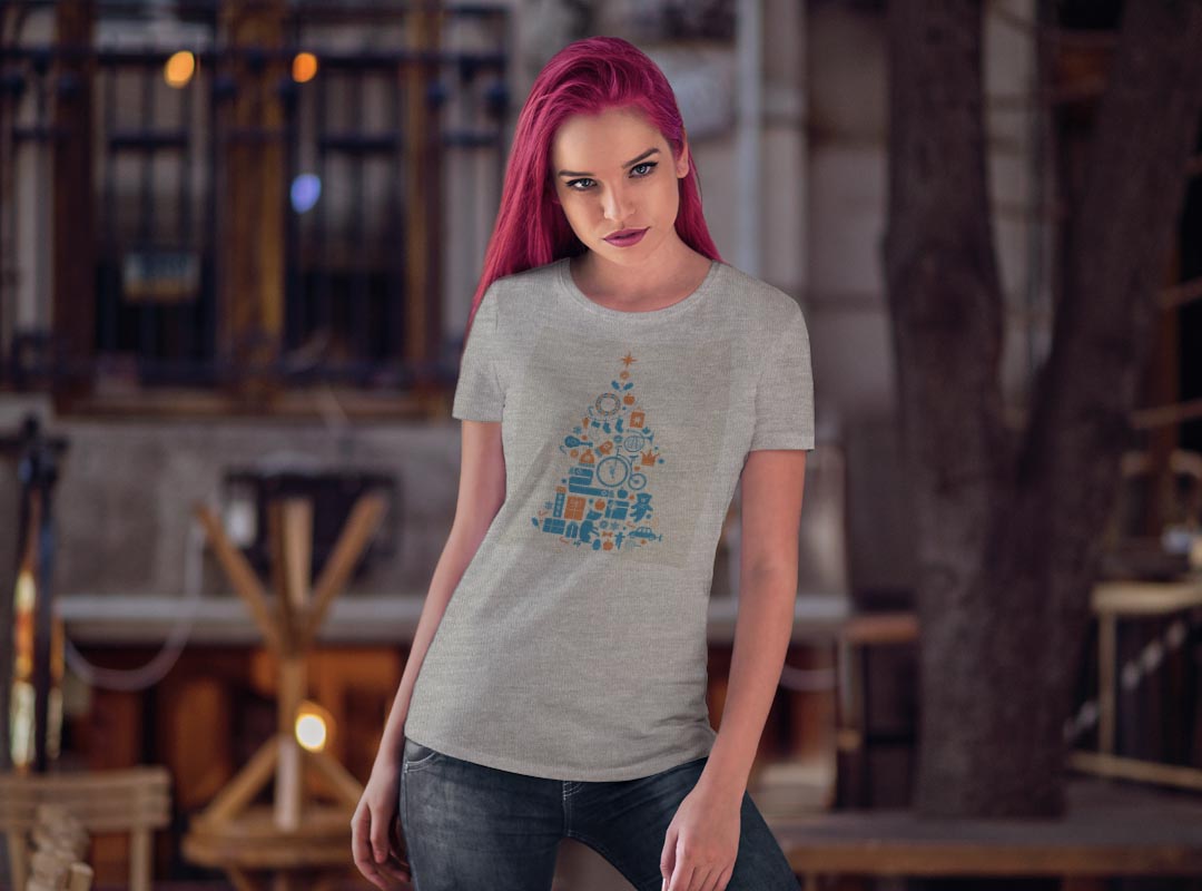 tシャツ レディース 半袖 白地 デザイン M L 白 ホワイト グレー Tシャツ ティーシャツ T shirt 009740 クリスマス　ツリー　青
