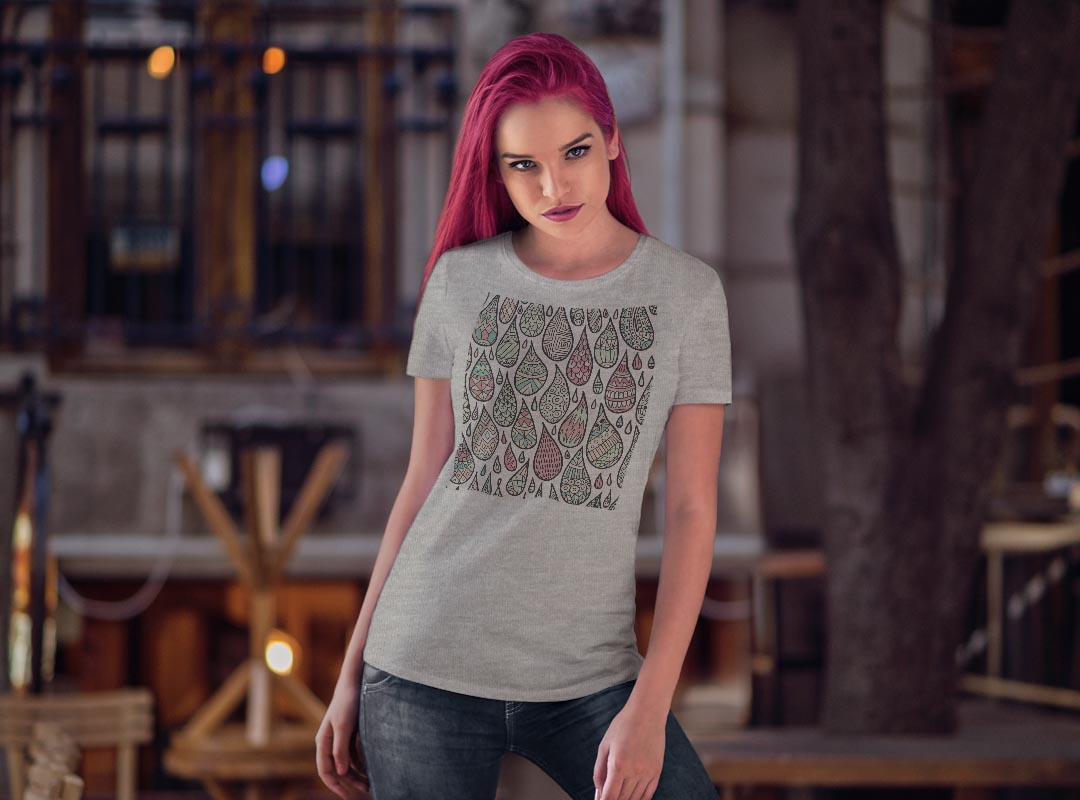 tシャツ レディース 半袖 白地 デザイン M L 白 ホワイト グレー Tシャツ ティーシャツ T shirt 011737 模様　カラフル　雫