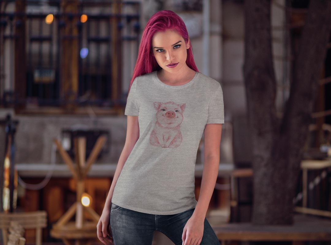 tシャツ レディース 半袖 白地 デザイン M L 白 ホワイト グレー Tシャツ ティーシャツ T shirt 013412 豚　動物　イラスト