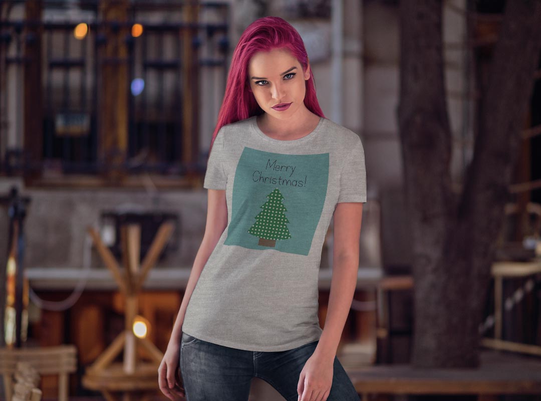 tシャツ レディース 半袖 白地 デザイン M L 白 ホワイト グレー Tシャツ ティーシャツ T shirt 013708 クリスマス　ツリー